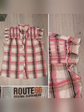 Route 66 Pink Plaid Button-down Smocked Front & Ruffle Cap Sleeve Blouse, Large